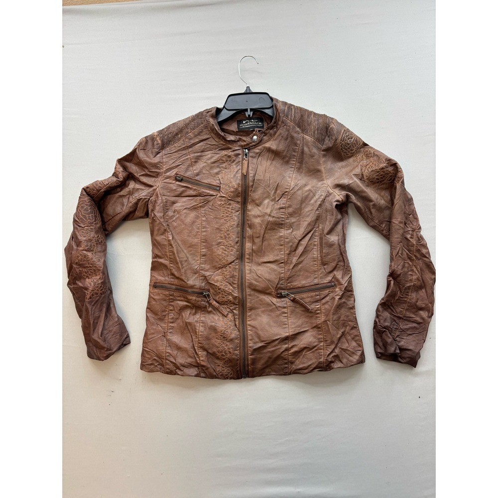 Montanaco Brown Faux Leather Embroidered Moto Jacket Lace Up Back Womens Medium